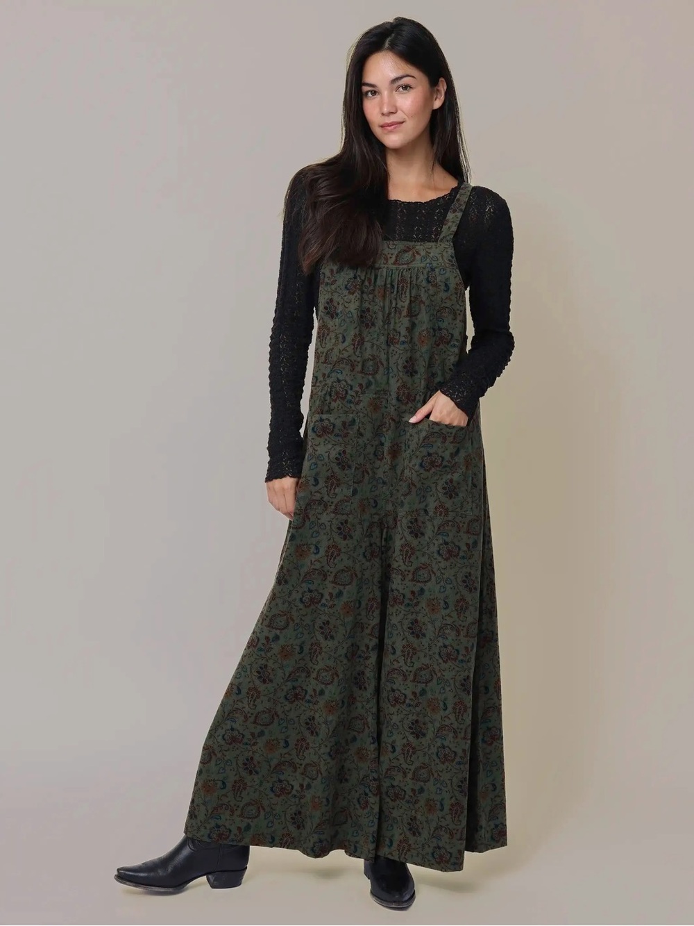 Natural Life Dakota Cotton Corduroy Tie Overall - Sage Paisley NWT